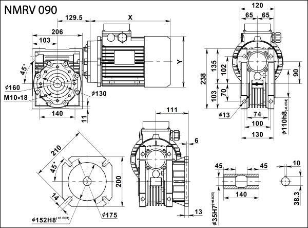 Габаритные и присоединительные размеры NMRV 090